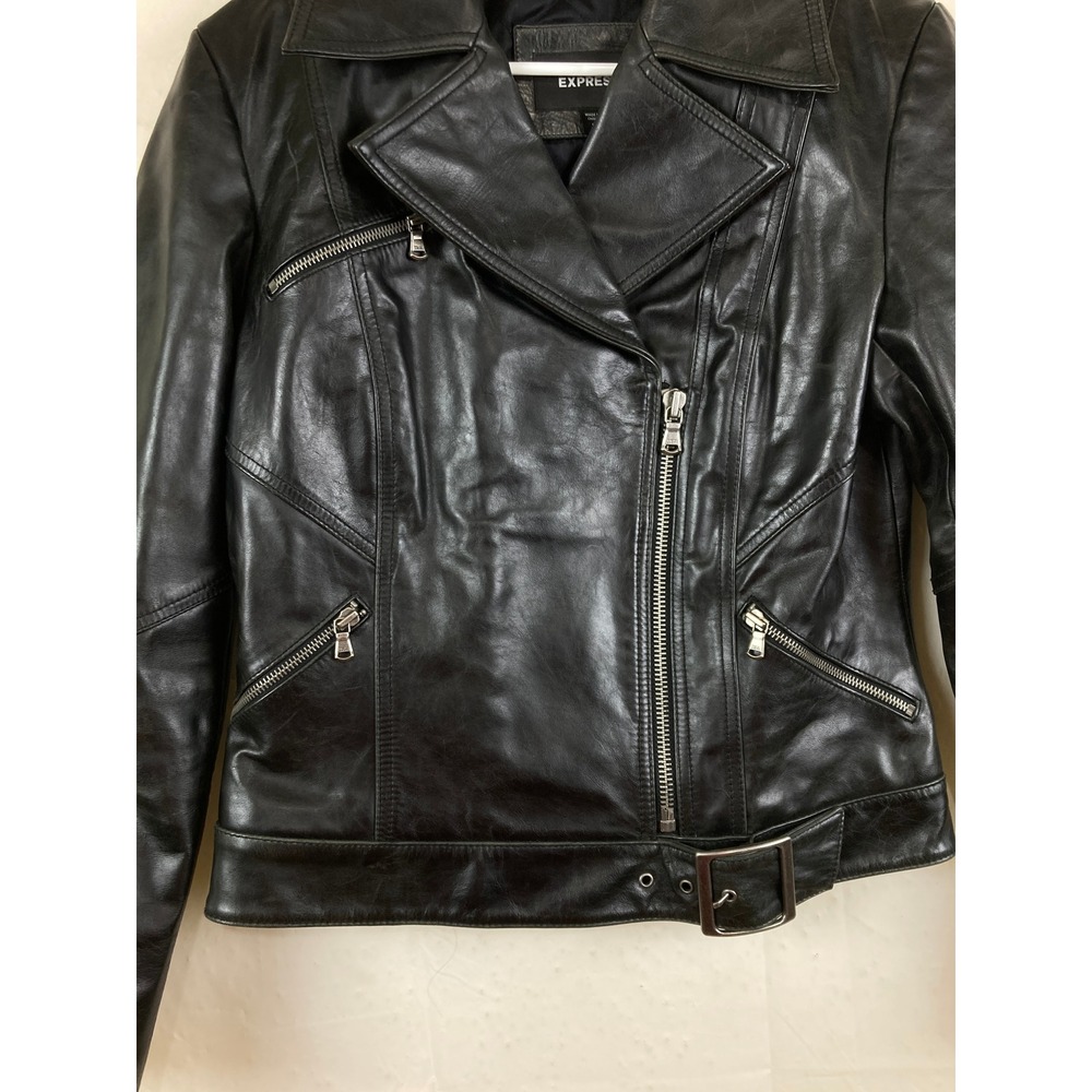 Express Biker Moto Jacket Women L Black Genuine Leather Belted Asymmetrical Y2K - Picture 3 of 8